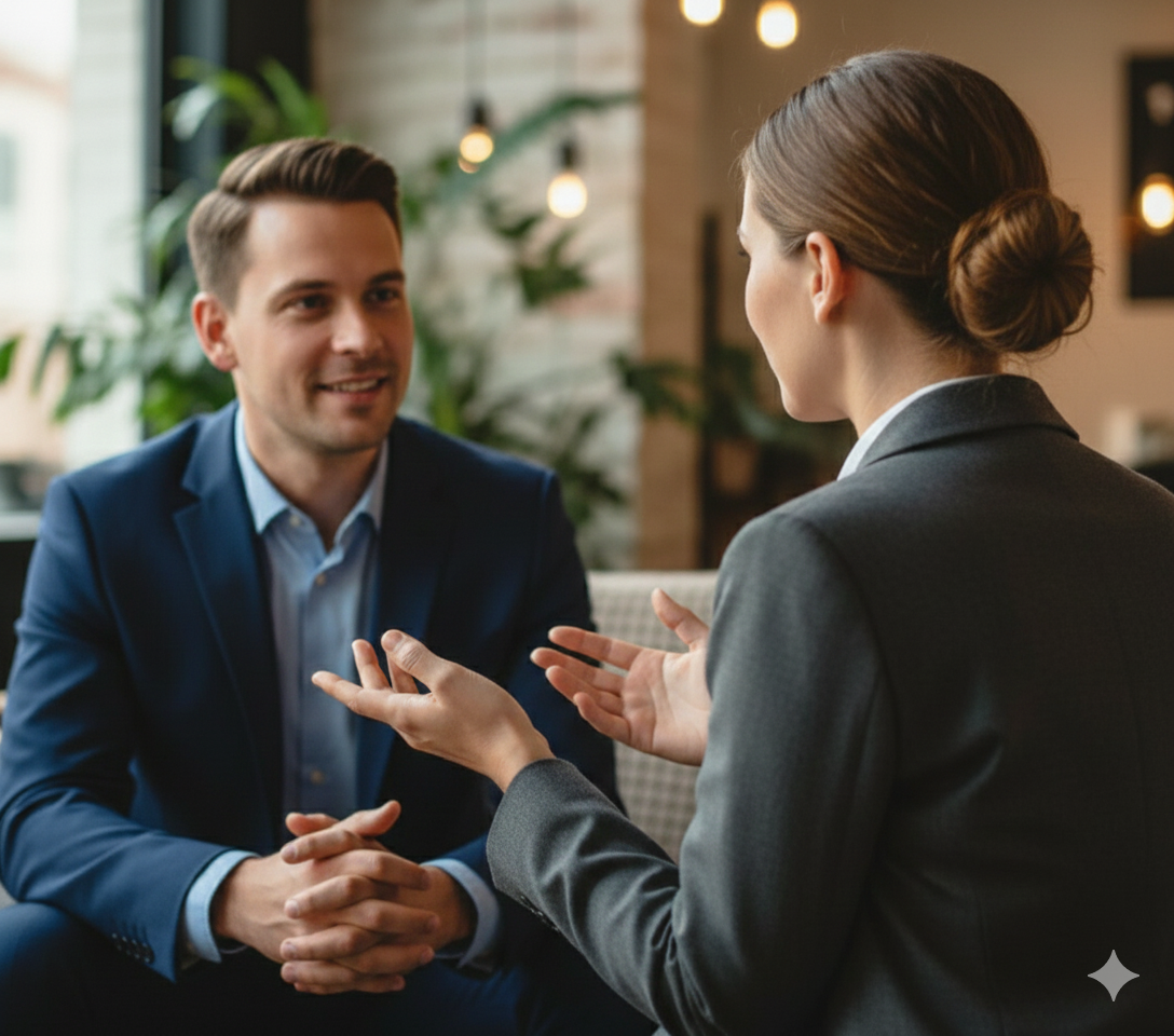 Two business professionals discussing AI strategy